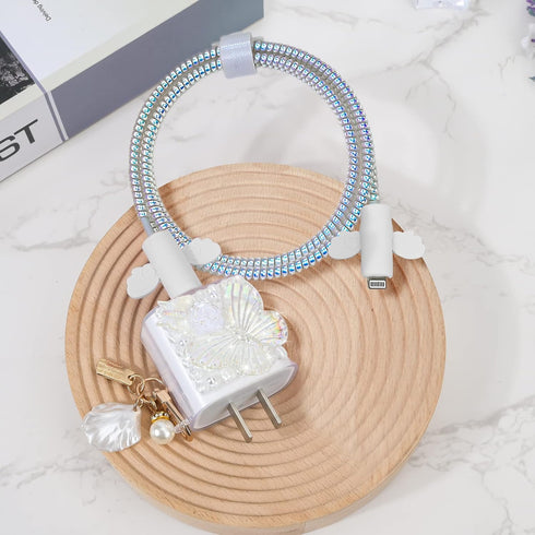 Cute Glitter Butterfly Cable Protector for iPhone Charger with White Pearl Keychain Pretty Bling Flower Butterflies for Women Girls,Data Line USB ...