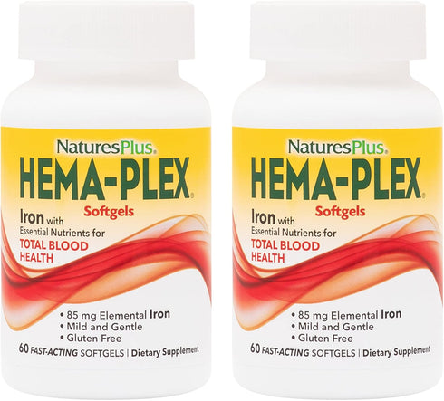 NaturesPlus Hema-Plex Iron - 60 Fast-Acting Softgels, Pack of 2-85 mg Elemental Iron + Vitamin C & Bioflavonoids for Healthy Red Blood Cells - Veg...