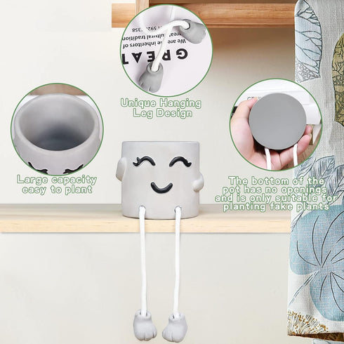 Uguisu 1PCS Cute Smiley Face Plant Pot with Feet Hanging Cement Planter Succulent Planter Small Flower Pots Fun Planter for Home and Room Decorati...