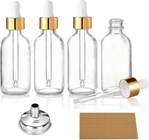 AOZITA 4 Pcs, 1 oz Golden Cap Clear Dropper Bottles (30ml) with 1 Funnel & 4 Labels - Glass Tincture Bottles for Essential Oils with Eye Droppers ...