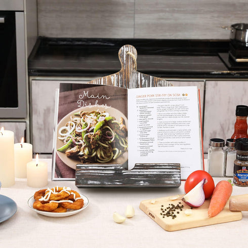 MyGift Farmhouse Torched Wood Cookbook Stand - Rustic Wooden iPad Tablet Recipe Binder Reading Book Holder with Kickstand...