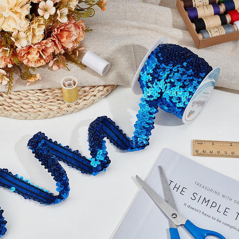 OLYCRAFT 11 Yards Elastic Sequin Trim Metallic Blue Stretch Fabric 1 Inch Wide 3 Row Sequin Trim Fabric Paillette Ribbon Trims for Dress Embellish...