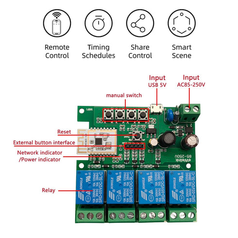 Jane Eyre eWeLink 4 Channels Wireless Smart Switch USB 5V/AC85V-250V Smart WiFi Relay Switch Module with Housing, Using Bluetooth Networking, for ...