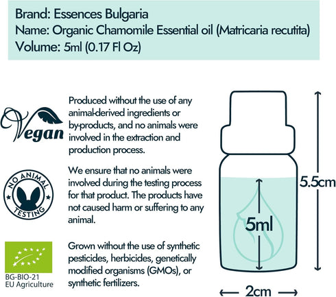 Essences Bulgaria Organic Chamomile Essential Oil - Blue 1/6 Fl Oz | 5ml | Matricaria recutita | 100% Pure and Natural | Undiluted | Therapeutic G...