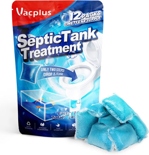 Vacplus Septic Tank Treatment 12 Pcs for 1-Year Supply, Dissolvable Packs with Easy Operation, Durable Biodegradable Enzymes for Wastes, Greases &...
