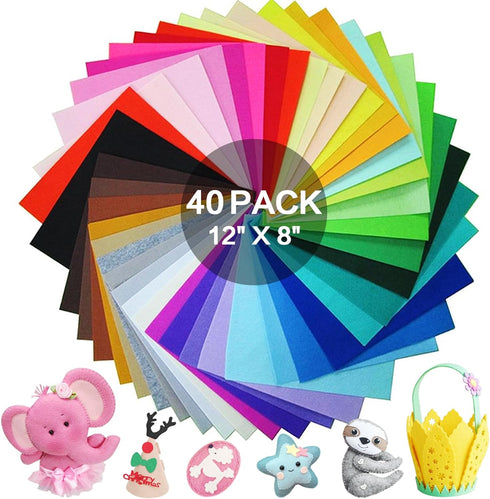 40 PCS Felt Fabric Sheets, 12" x 8" Craft Felt Fabric Sheets, Assorted Felt Stiff Fabric Square, Non-Woven Felt Sheets for Kids, DIY Sewing Crafts...