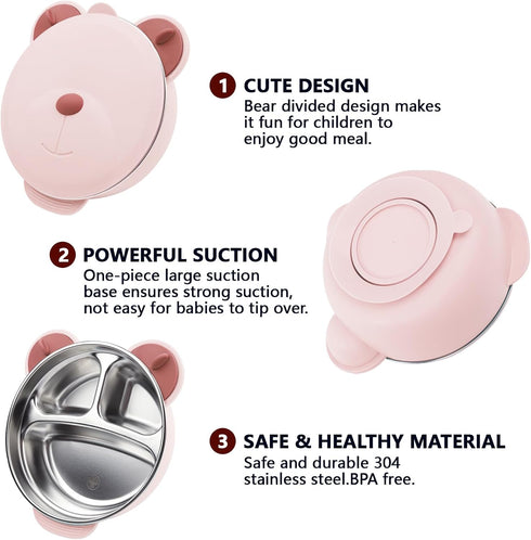Stainless Steel Baby Feeding Bowl, Toddler Suction Plate with Lid Spoon and Fork, Perfect for Children (Pink)...