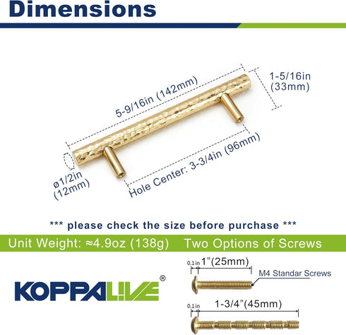 2-Pack Solid Brass Kitchen Cabinet Pulls, Gold Modern T-Bar Handles, 3-3/4-Inch Hole Center Hammered Handles for Dresser Drawer Cupboard, 5-9/16 I...