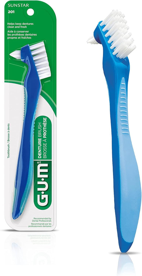 GUM Denture Brush - Dual Headed Hard Bristle Toothbrush for Dentures & Acrylic Retainers - Dentist Recommended Denture Cleaner (Pack of 1)...