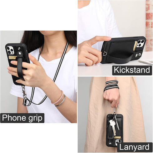 TOOVREN Wallet Case for iPhone 12 Pro Max Lanyard Case with PU Leather Kickstand Detachable Neck Strap Cover for iPhone 12 Pro Max 6.7" for Men Wo...