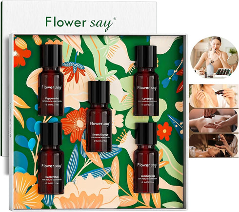 Flower Say Essentials Oil Set (Top 5) - 100% Pure Natural Essentials Oil Gift Set for Diffuser/Humidifier/Skin Care - Lavender/Peppermint/Eucalypt...
