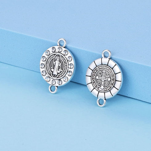 20pcs Antique Silver Rhinestone Religious Wear Saint Benedict Medallion Bracelet Connector Round Link Beads Jewelry Making Charms for DIY Necklace...