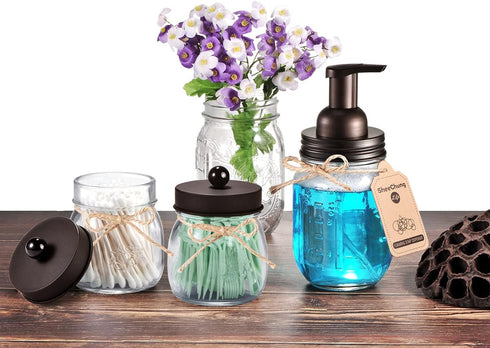 SheeChung 4 Pack Apothecary Jars with Lids, Bathroom Organizers and Storage, Qtip Holders Set, Bathroom Decor, Small Mason Jars for Q-tips, Cotton...