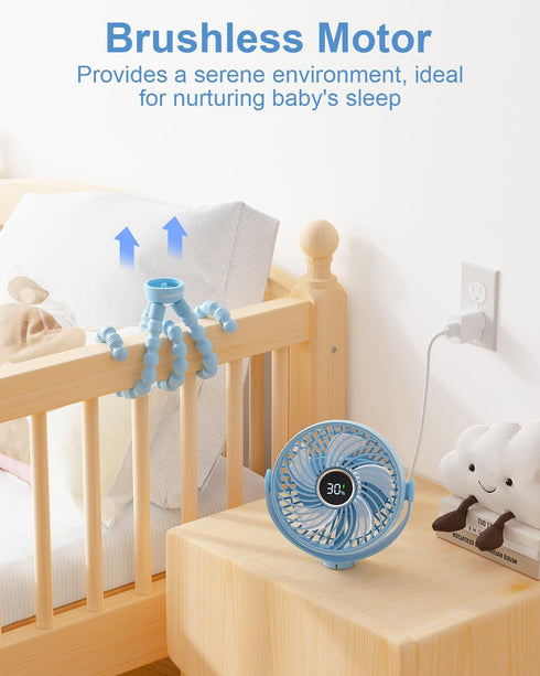 Portable Stroller Fan for Travel, LED Night Light Clip on Fans Operated by Rechargeable Battery, Cordless Fan with Tripod Car Seat Baby Pram (Blue...