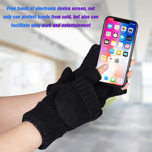 Thermal Insulation Fingerless Texting Wool Gloves for Women and Men Winter Warm Knitted Convertible Mittens Flap...