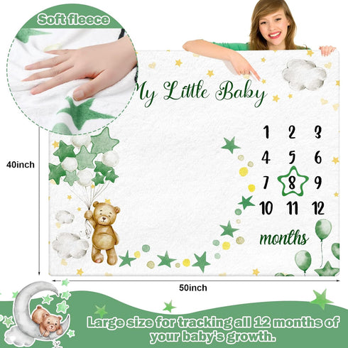 Sleeping Bear Monthly Baby Milestone Blanket Bear Star Balloon Flannel Blanket Boy Newborn Infant Swaddle Blanket Growth Chart Baby Blanket with F...