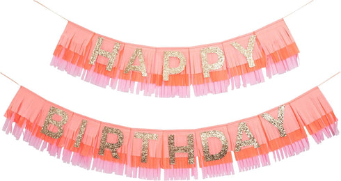 Meri Meri Rainbow Fringe Happy Birthday Banner - 8' Party Garland with Excess Cord...