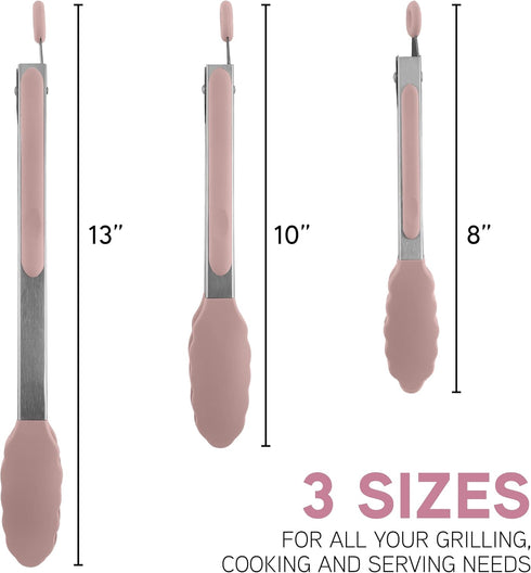 COOK WITH COLOR Food Tongs, Set of Three Cooking Tongs, 8", 10” and 13” Stainless Steel Barbeque Tongs with Silicone Tips for Non Stick Cookware, ...