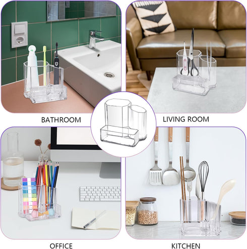 Clear Acrylic Pencil Pen Holder Cup, Desk Organizers and Accessories, Makeup Brush Holder 3 Compartments, Modern Minimalist Desktop Stationery Sto...