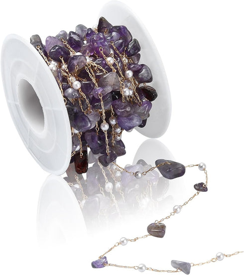 DanLingJewelry 5m Brass Handmade Natural Amethyst Stone Beading Chain Purple Irregular Crystal Chains with Spool for Jewelry Making Supplies...