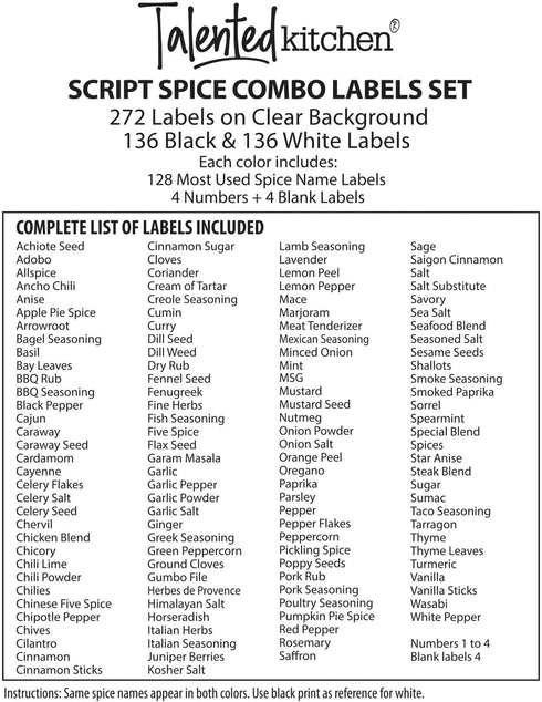 Talented Kitchen 272 Spice Labels Stickers, Clear Spice Jar Labels Preprinted for Seasoning Herbs Kitchen Spice Rack Organization, Water Resistant...