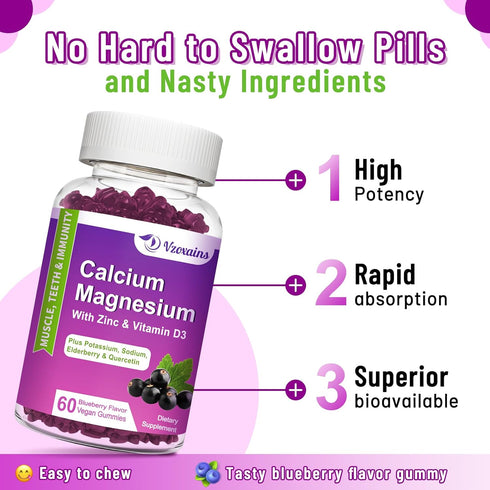 High Absorption Calcium Magnesium Zinc Gummies, Sugar Free Calcium Magnesium Supplement with Potassium Vitamin D3 for Bone & Teeth Strength, Muscl...