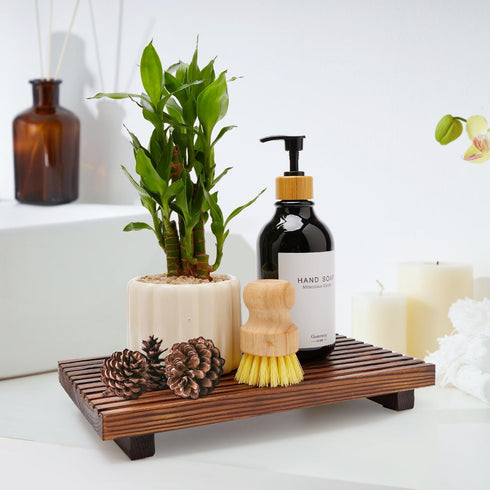 Renawe Farmhouse Bathroom Counter Tray Wood Display Pedesta Stand Kitchen Countertop Trays Decorative Wooden Riser Dish Soap Dispenser Holder for ...