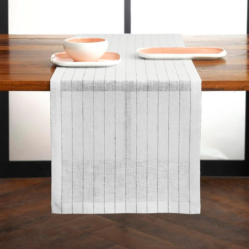 Solino Home Linen Table Runner 90 Inches Long - Pinstripe, 100% Pure Linen White and Black Table Runner 14 x 90 Inch for Dining, Summer, Fall, Hal...