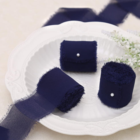 DORIS HOME 3 Rolls 2"x7Yd Fringe Chiffon Ribbon for Flower Bouquet, Handmade Dark Navy Blue Ribbon for Gift Wrapping, Frayed Edge Ribbon for Craft...