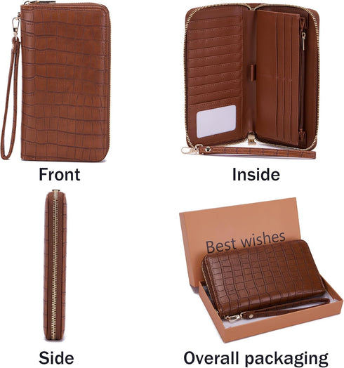 YZAOLL Women's Zip-Around Wristlet Wallet with RFID-Blocking Proteceion Large Capacity PU Leather Cards Holder with Checkbook Passport Slots,Brown...