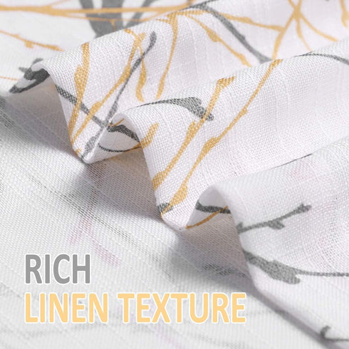 FMFUNCTEX Linen Semi Sheer Curtains for Bedroom, Yellow White Curtains 45 Inches Long for Living Room, Grey Tree Branch Print Curtain Light Filter...