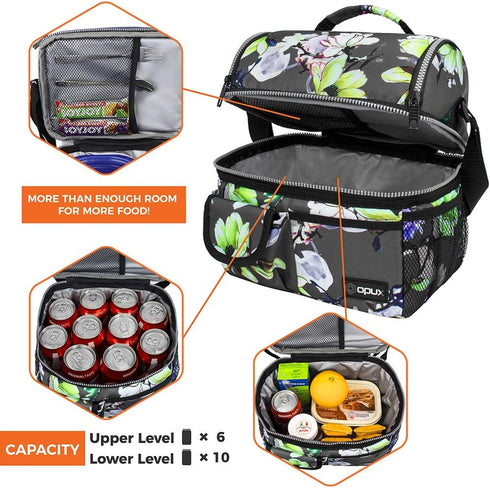 opux Lunch Bag Women Insulated, Adult Lunch Box Cooler, Flower Lunch Box, Dual Compartment Lunchbox for Work, Leakproof Double Decker Lunch Bag, S...