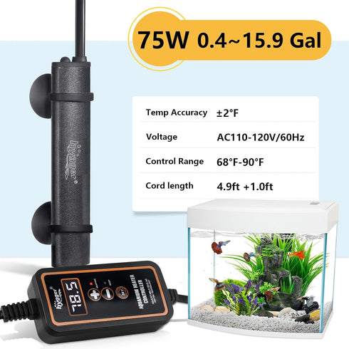 hygger Mini Submersible Aquarium Heater, Turtle and Betta Tank Heater with Digital Display/Five-Key External Controller Freshwater (75W-Digital)...