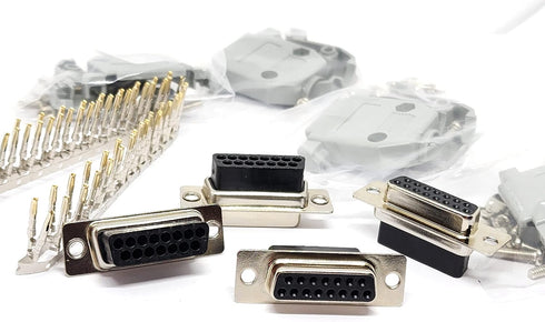 4 Sets Crimp Type DB15 Female + Plastic Hoods + Pins Set, D-Sub 15P Female Crimp Connector, Pin & Hood Kit (4 DB15 Female + 4 Hoods + 60 Pins)...
