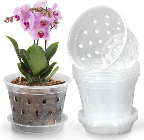 Orchid Pot,3 4 5 6 Inch 8 Pack Orchid Pots with Holes and Saucers,Clear Plastic Flower Plant Pot for Indoor Outdoor Plants,Slotted Orchids Planter...