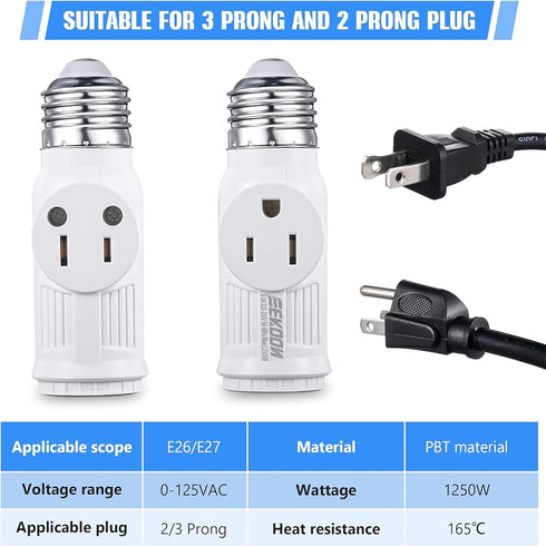 Feekoon 4 Pcs 3 Prong Light Socket Adapter, E26 Light Bulb Outlet Adapter, Polarized Light Socket to Plug Adapter, Light Bulb to 2/3 Prong Outlet ...