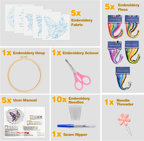 ECJWEI Embroidery Kit for Beginners, 5 Sets Embroidery Kit with Embroidery Patterns, Butterfly Cross Stitch Kits includes Embroidery Thread Embroi...