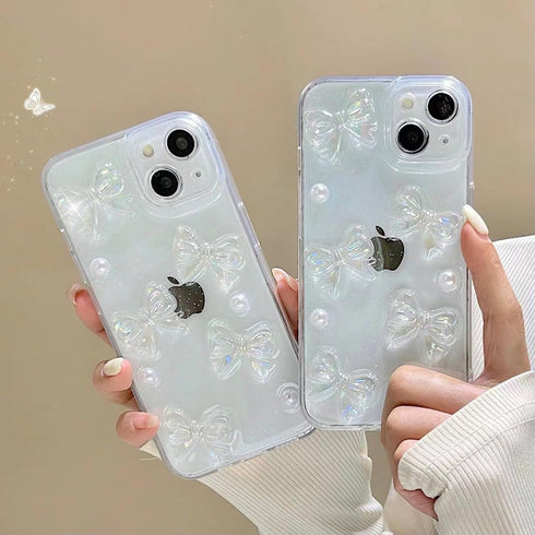 Ownest Compatible with iPhone 13 Case with Clear Cute 3D Bowknots and Pearl Aesthetic Patterns for Women Teen Girls, Glitter Sparkle Back and Full...