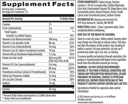 Amazon Basics Adult Multivitamin, 150 Gummies, 75-Day Supply, Mixed Berry & Cherry (Previously Solimo)...