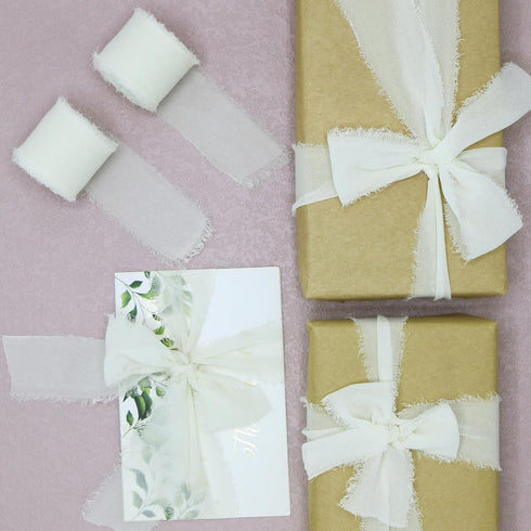 Chiffon Ribbon Fringe Fabric Ribbons 3 Rolls 1.5" Wide x 7 Yd Cream White Handmade Silk Chiffon Ribbon for Flowers Bouquets Wedding Decorations In...