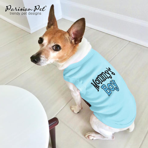 Parisian Pet Dog T-Shirt with Embroidered 'Mommy’s Boy' Words - 100% Cotton Boy Dog Clothes - Breathable Mamas Boy Dog Shirt - Machine Washable Do...