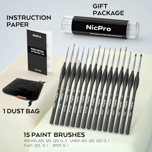 Nicpro 15 PCS Micro Fine Detail Paint Brush Set, Small Miniature Fine Tip Detail Brushes Kit for Acrylic Oil Watercolor, Models, Paint by Numbers,...