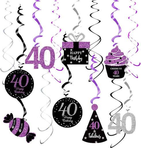 40th Birthday Decorations Women Purple Black Silver Women 40th Birthday Party Decorations Purple Silver Black Foil Hanging Swirls...