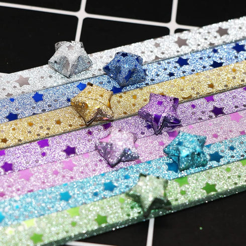 140 PCS Glitter Origami Stars Paper Folding Paper Lucky Star Strips with Stars Printing for DIY Paper Crafts...