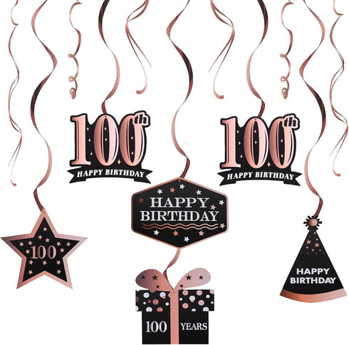 LINGTEER Happy 100th Birthday Decorations - 12 Pcs Birthday Black & Rose Gold Foil Swirls Streamer Set,Cheers to 100 Years Old Bday Party Gift Dec...