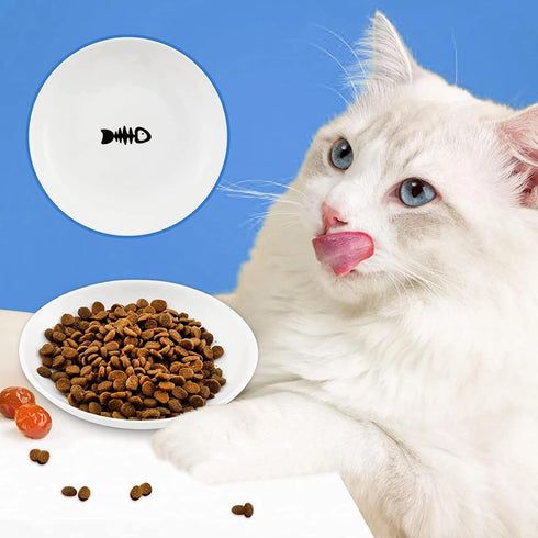 2 Pcs Cat Bowls, Wide & Shallow Cat Plates for Whiskey Fatigue Relief, 15cm/6’' Ceramic Cat Feeding Dishes Cute Fish Bone Design, Wet & Dry Food F...