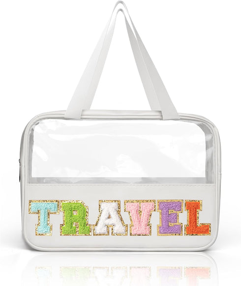 Stylish Clear Cosmetic Bag with Quilted Initials - Transparent Toiletry Organizer with Detachable Strap for Women - Waterproof Makeup Case for Tra...