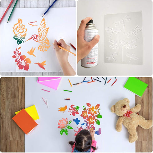 6 Pieces Flower Stencil Bee Stencil Butterfly Painting Stencil Template Bird Bee Drawing Template Reusable Painting Stencil and Metal Open Ring fo...