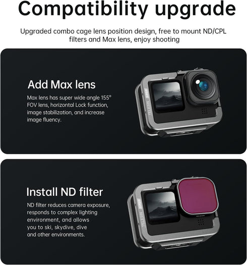 TELESIN Aluminum Case Metal Cage Protective Frame Housing for GoPro Hero 12 11 10 9 Black, Fits for Go Pro When ND CPL Lens Filter Max Lens Mount ...