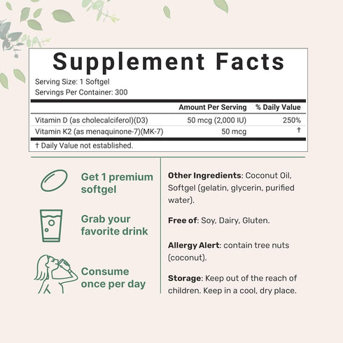 Vitamin D3 2,000 iu Plus K2 (MK-7) 50 mcg, 300 Virgin Coconut Oil Softgels | 2 in 1 Vitamins D & K Complex | Supports Calcium Absorption, Bone, Im...